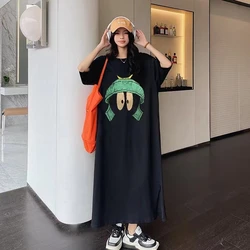 2024 Summer New Korean Version Women's Long Casual Loose Dress Split Cartoon Printed Regular Sleeve Dress Large Female Clothing