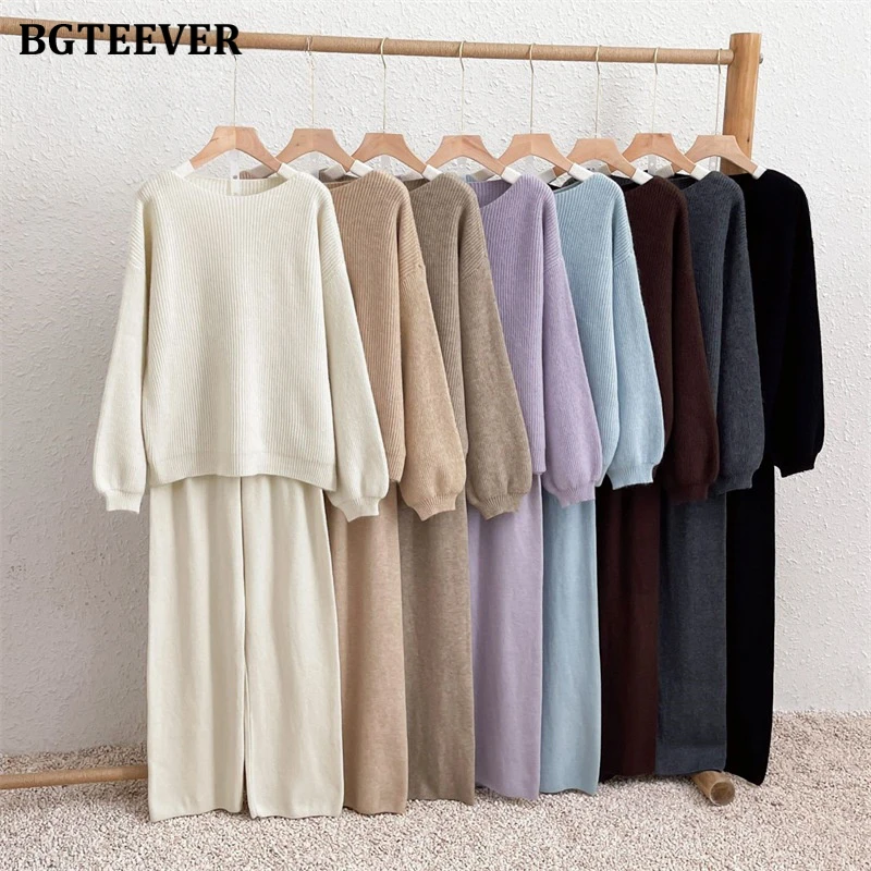 BGTEEVER Casual Ladies 2 Pieces Sweaters Set Long Sleeve Pullovers Tops & Wide Leg Trousers Autumn Winter Female Knitted Outfits