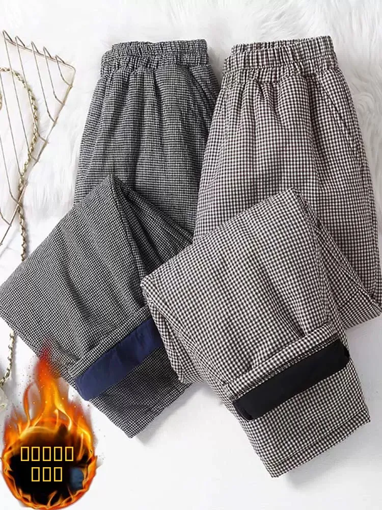 

Утепленные хлопковые брюки для женщин, зимняя верхняя одежда, повседневные теплые брюки-морковки в клетку из хлопка и льна, защита от холода