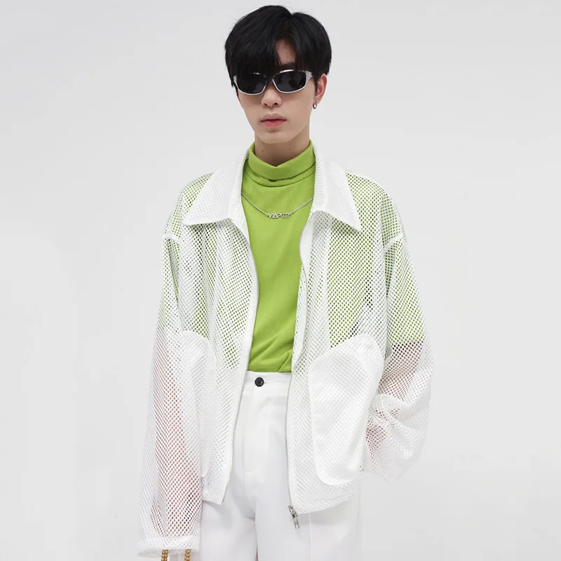 Oversized Menswear Jackets 2022 Spring New Hollow Out Design Clothes Male Korean Loose White Zipped Coat Lapel Coats 2A0283