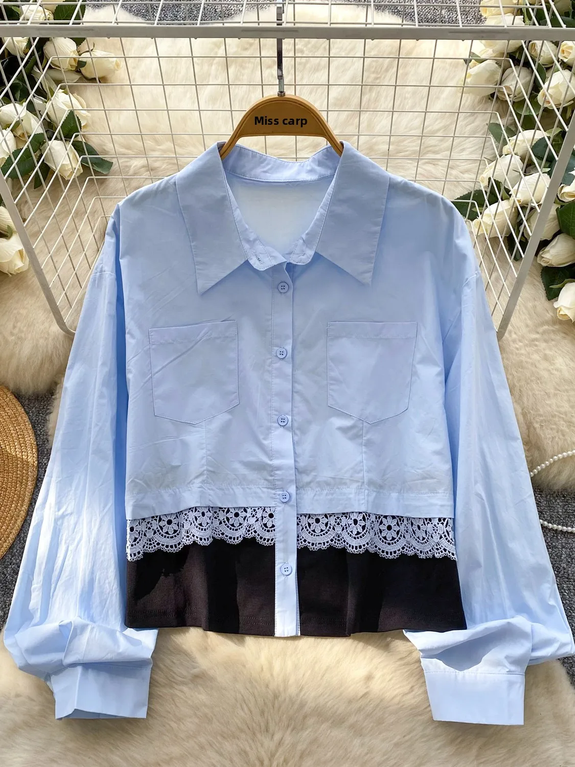 

Korean Sle Long Sve Lace Patchwork Loose Casual Women's irt Chic Design Color Blo Slimming Top Versatile Faionable