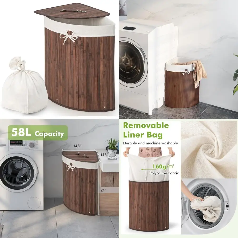 

Large Bamboo Laundry Basket with Removable Liner and Handle, 58L Capacity, Corner Design for Small Spaces