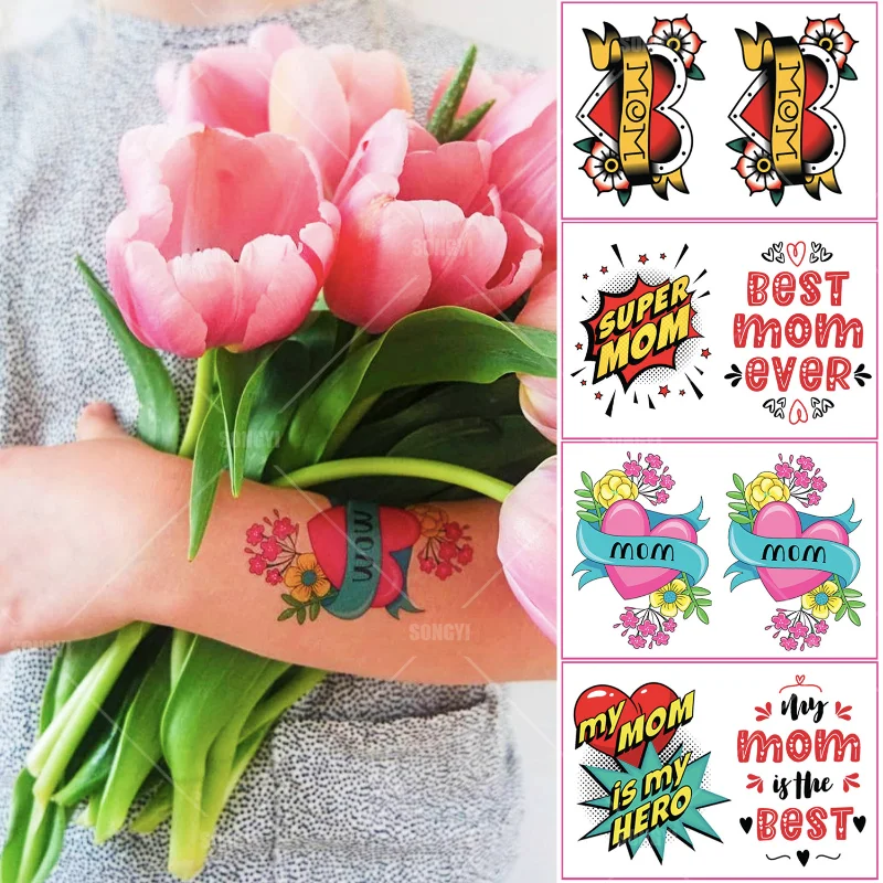 Waterproof Removable Temporary Tattoo Sticker Red Heart Love Mother's Day BEST MOM Kids Fake Tattoos Child Baby Photography Prop