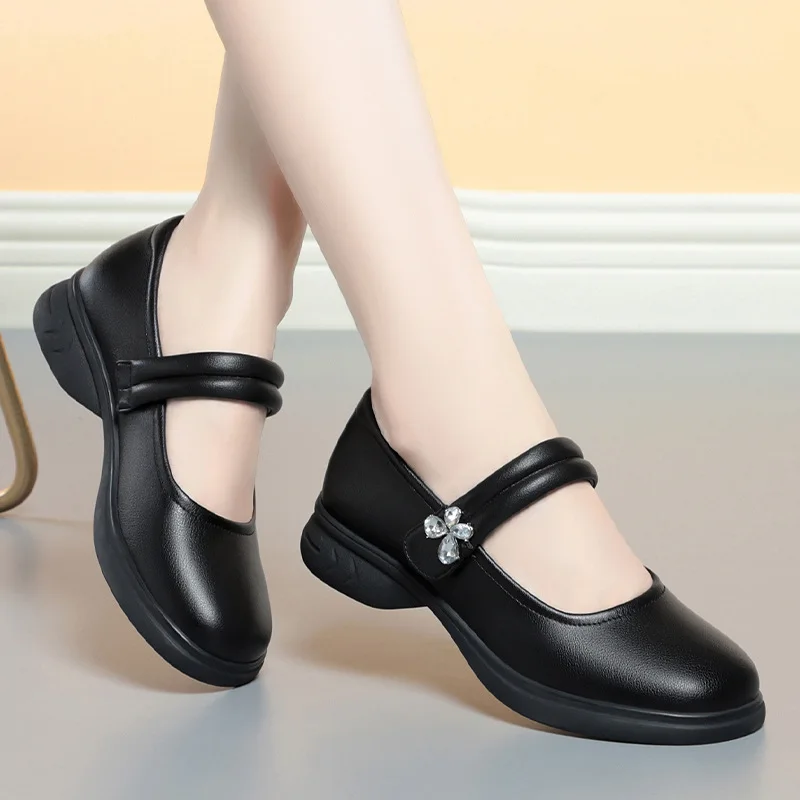 Women Casual Black Soft Leather Slip On Flat Shoes Soft Spring & Summer Preppy Girl Work Office Loafers Platform  Lolita Sweet