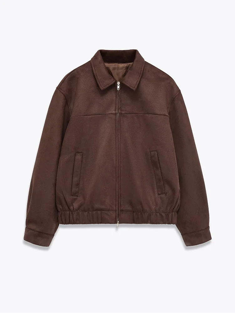 

Новая женская мода в европейском стиле, универсальная однотонная замшевая куртка на молнии с длинными рукавами и лацканами