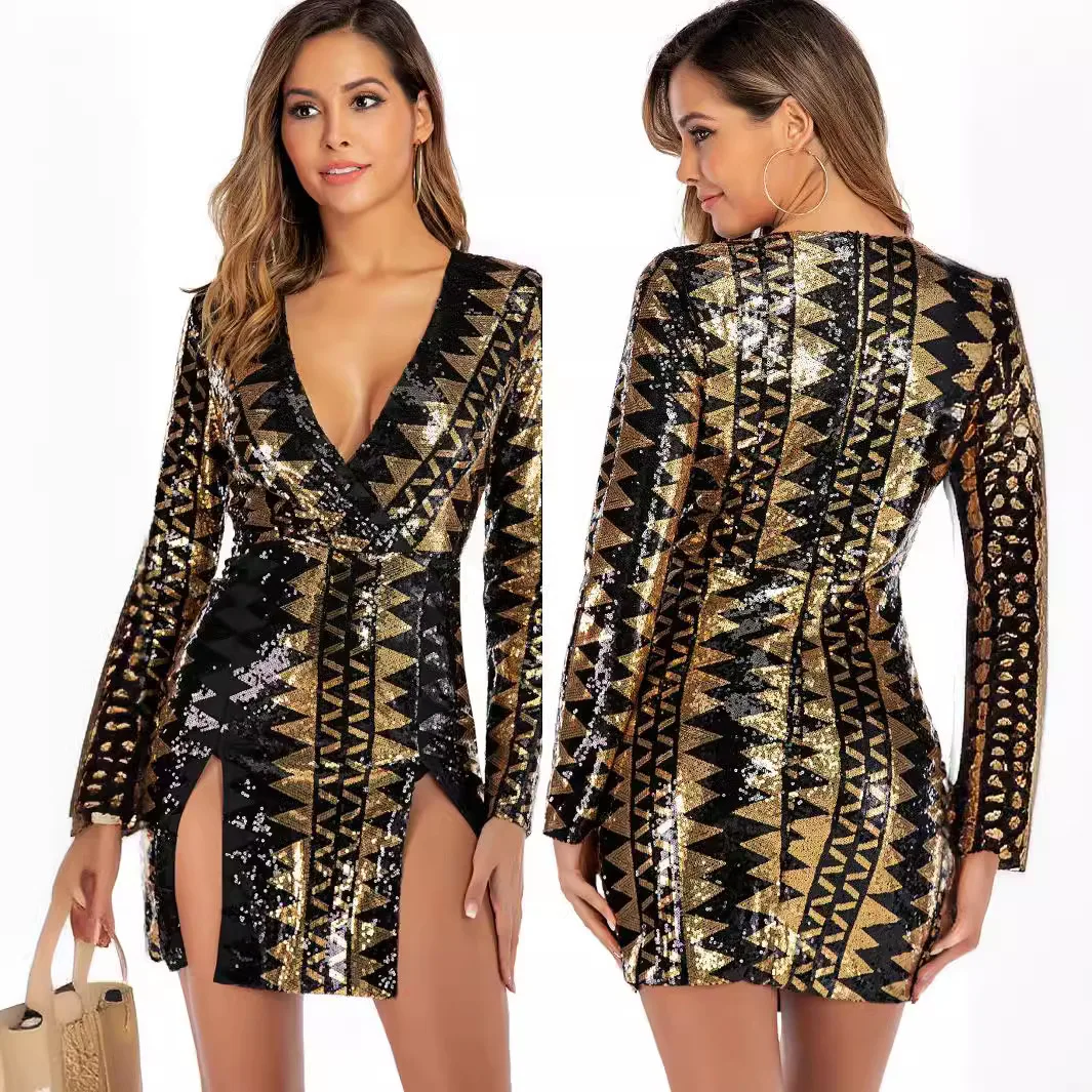 

Small dress women's clothing sexy long-sleeved split sequins dress short skirt temperament elegant and thin simple new