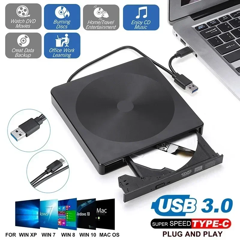 External Optical Drive CD USB3.0/Type-C Dual Interface Mobile Recorder DVD-RW Burner Writer Plug and Play for Desktop/Notebook