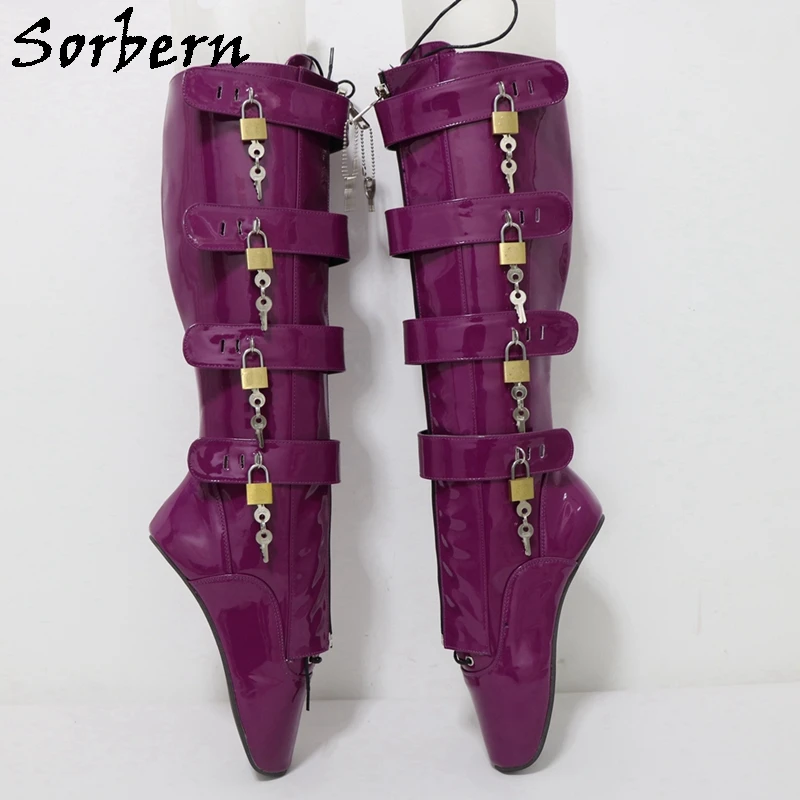 Sorbern Sexy Heelless Ballet Boots Knee High Women Lockable Zipper Front Lace Up Inside 8 Locks Heelless Boots