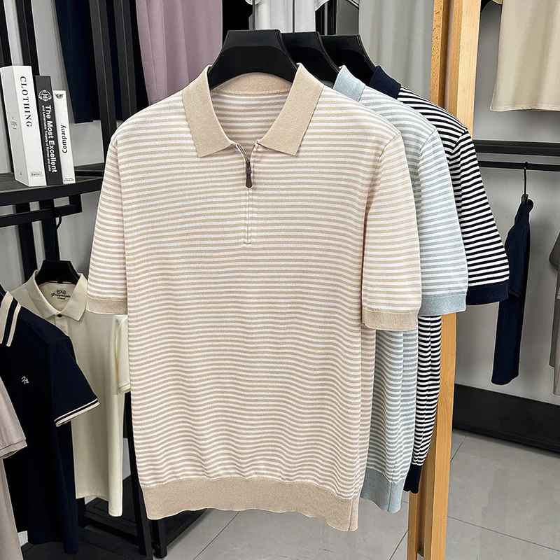 

Мужская модная вязаная рубашка-поло 2026: летняя, в полоску, из вискозы, с коротким рукавом, дышащая, на молнии