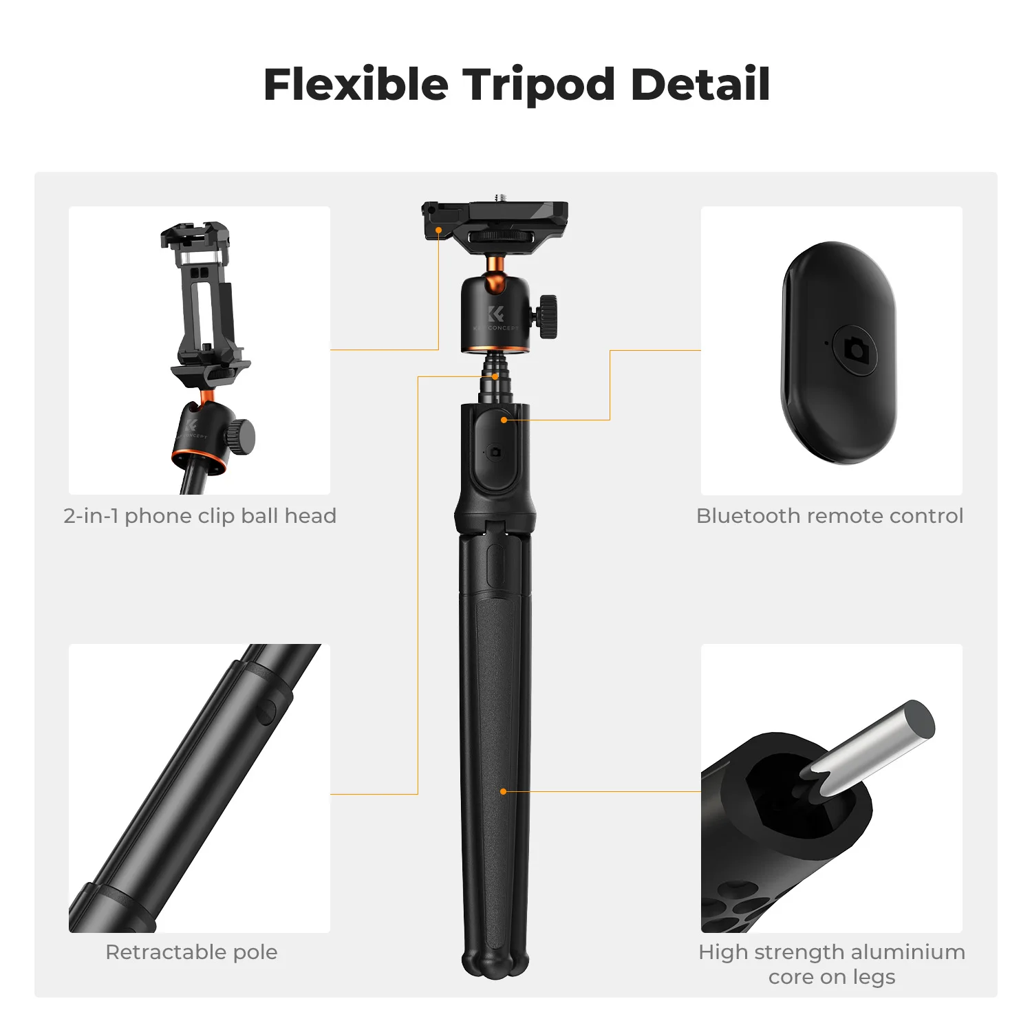 K&F Concept Extendable Flexible Phone Camera Tripod with Remote 24in Small Tripods for iPhone 16 15 Pro Samsung Canon Nikon Sony