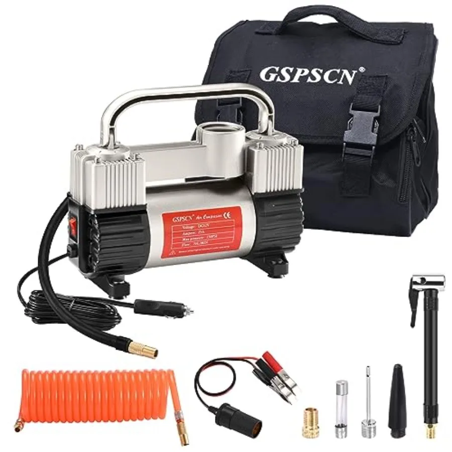 

6X Faster Inflation Tire Inflator Heavy Duty Double Cylinders with Portable Bag- Car Accessories Metal 12V Air Compressor Pump