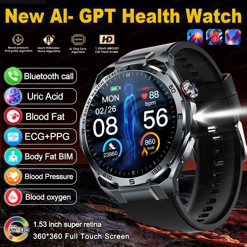 2026 New Accurate AI Diagnosis Smart Watch Body Fat ECG Blood oxygen BP Health Sport HD AMOLED Screen call Smart watch Men women