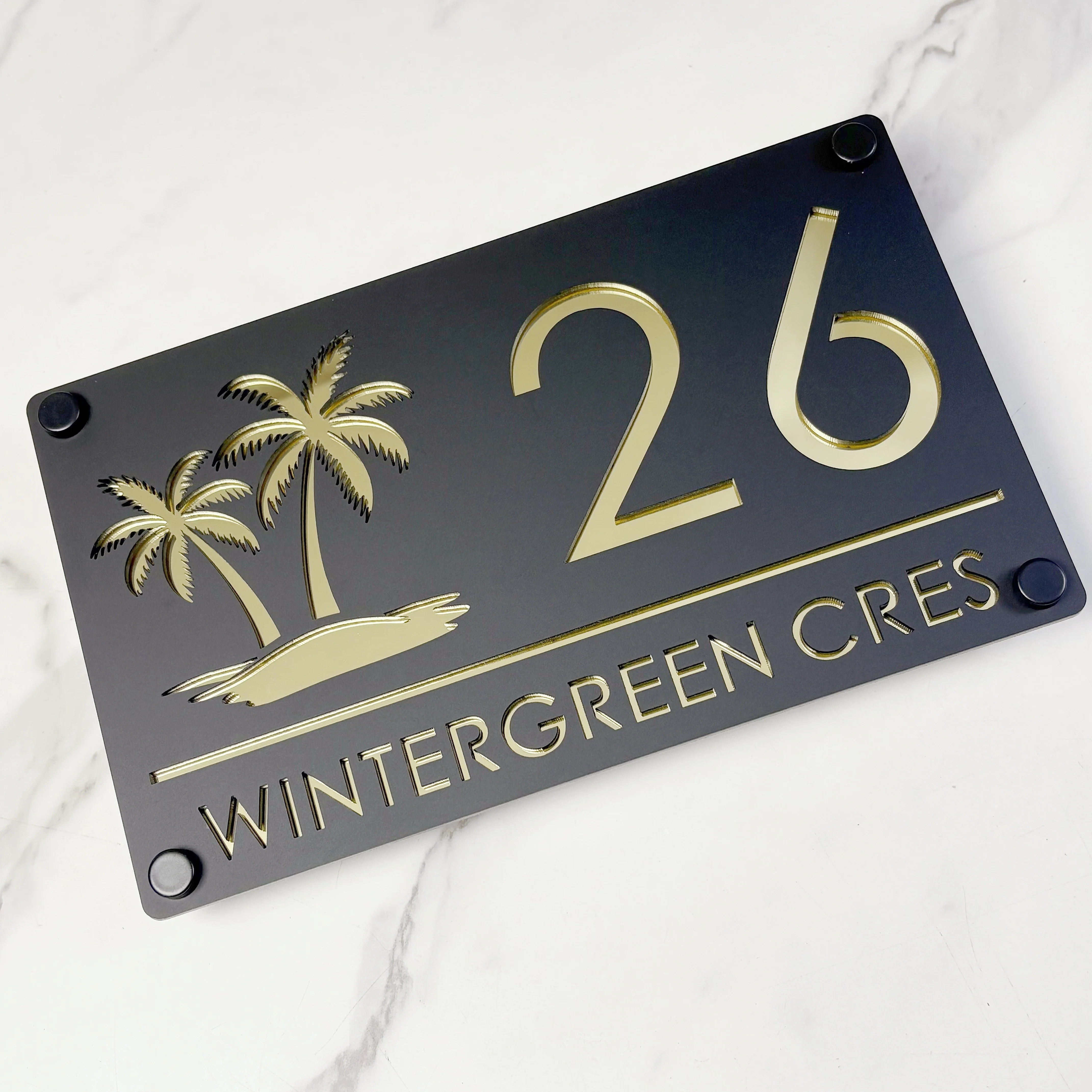 رقم منزل مخصص حديث، علامات باب جدارية خارجية، لوحات عنوان أكريليك مقطوعة بالليزر، هدايا شجرة النخيل