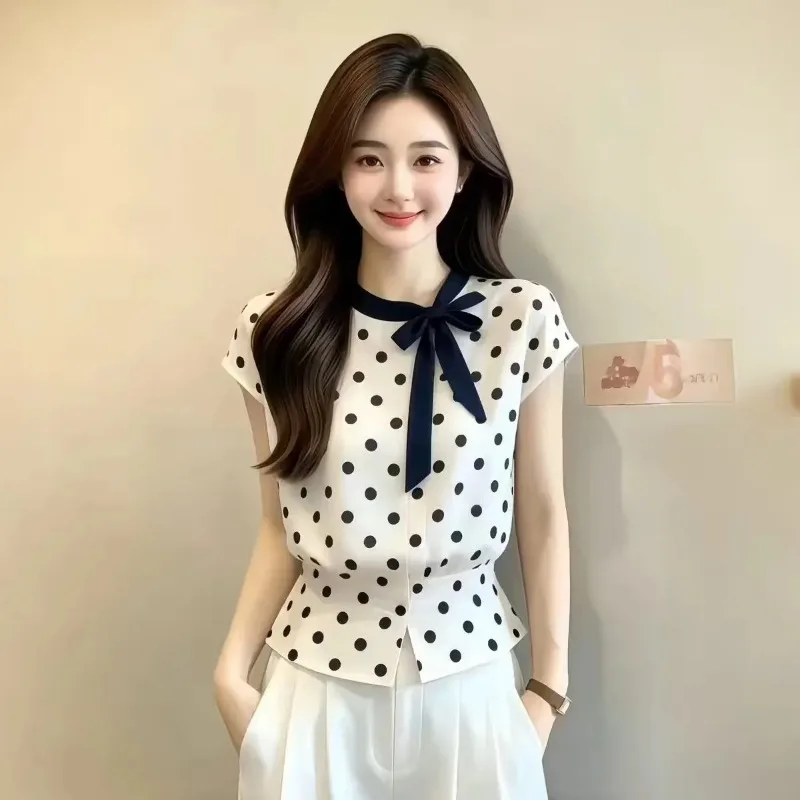 Women Polka Dot Bow Tie Neck Cap Sleeve Slim Waist Split Hem Elegant Blouse