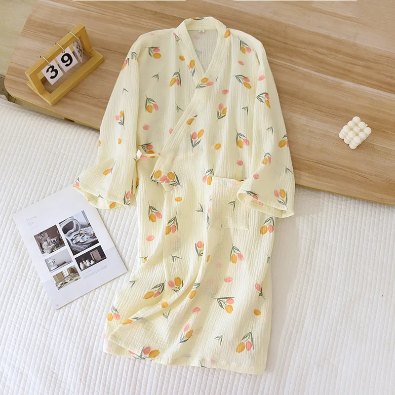 2023 Japanese Style Kimono Spring Summer New 100% Cotton Crepe Ladies Thin Nightgown Women Bathrobe Robe Home Service Pajamas