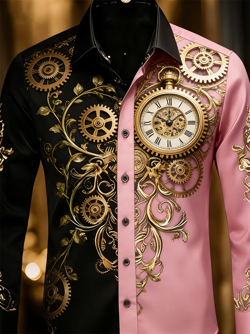 New Men's 3D Time Gear Printed Shirt with High-Quality Patterns, Casual and Fashionable Long-Sleeved Lapel Shirt