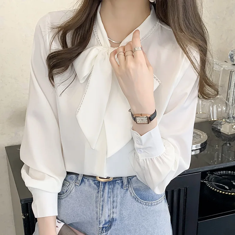 Spring Casual Satin Women Blouse Fashion Long Sleeve Shirt Office Lady Elegant Bow Neck Tops