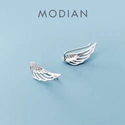 Modian Trendy Feathers Stud Earrings for Women Genuine 925 Sterling Silver Shiny CZ Angel Wings Asymmetry Ear Pin Fine Jewelry