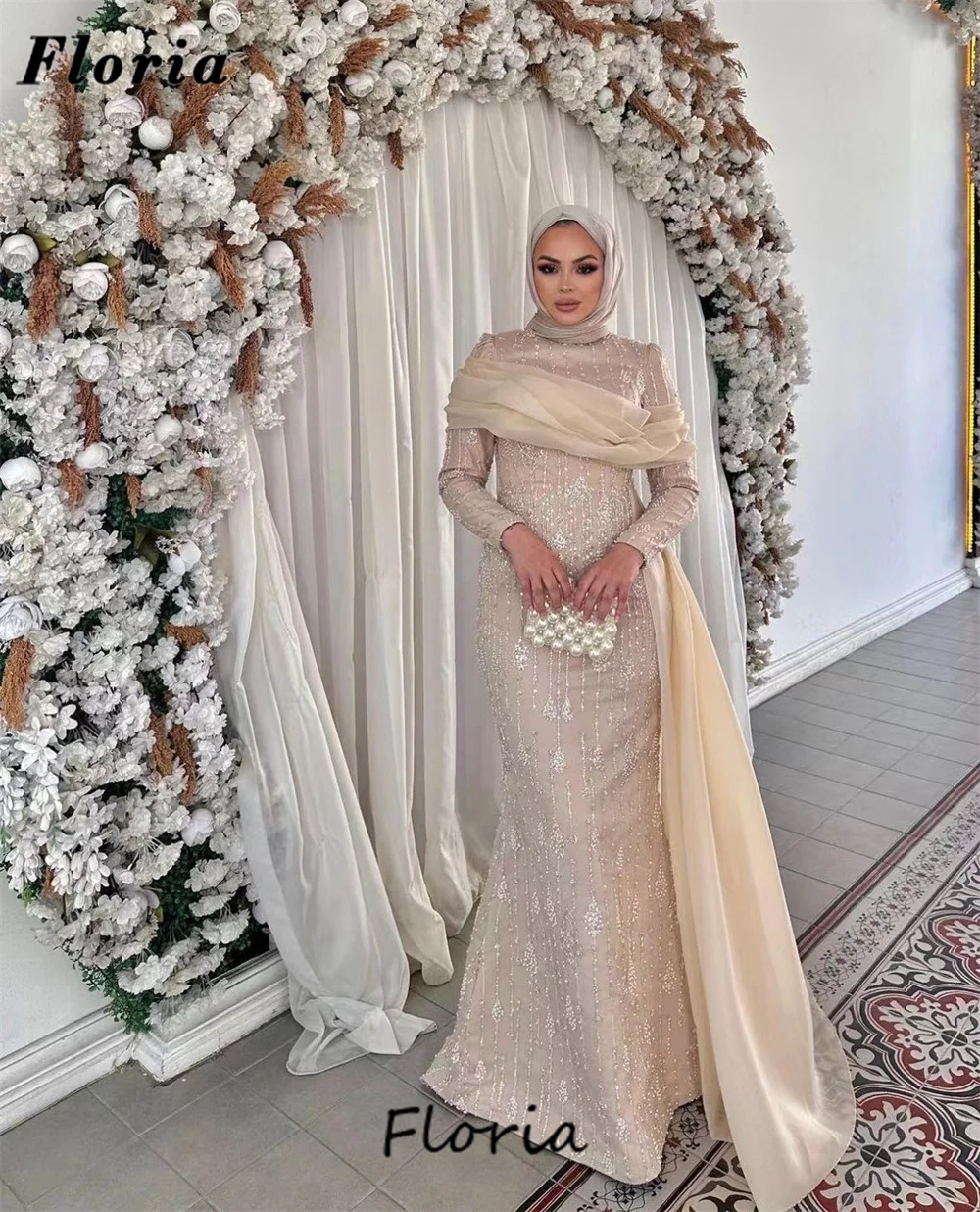 Moroccan Kaftans Champagne Evening Dresses With Hijab 2024 Couture Sequins Prom Dress Elegant Dubai Wedding Party Gowns Robes