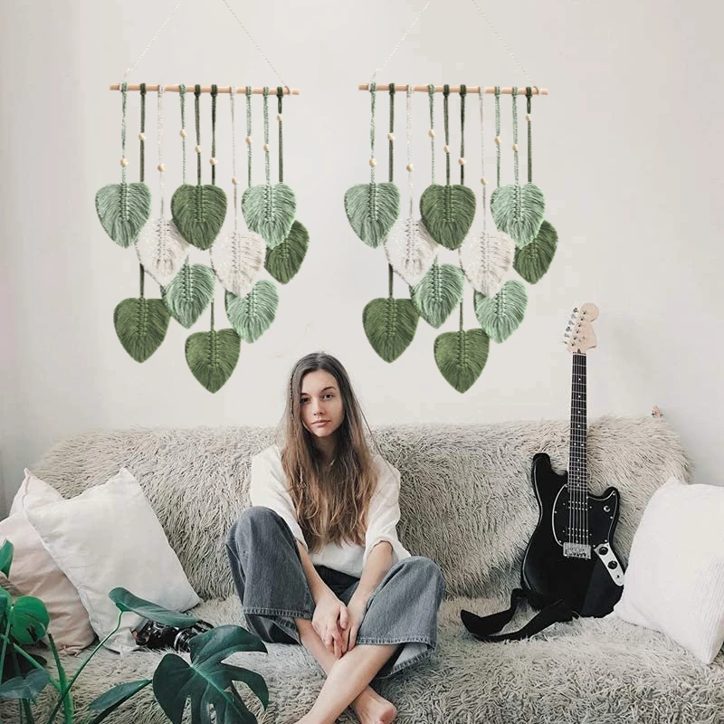 Colgante de pared de macramé de hojas, tapiz de pared tejido bohemio, adornos de borlas, decoración de boda para el hogar, sala de estar, regalo de