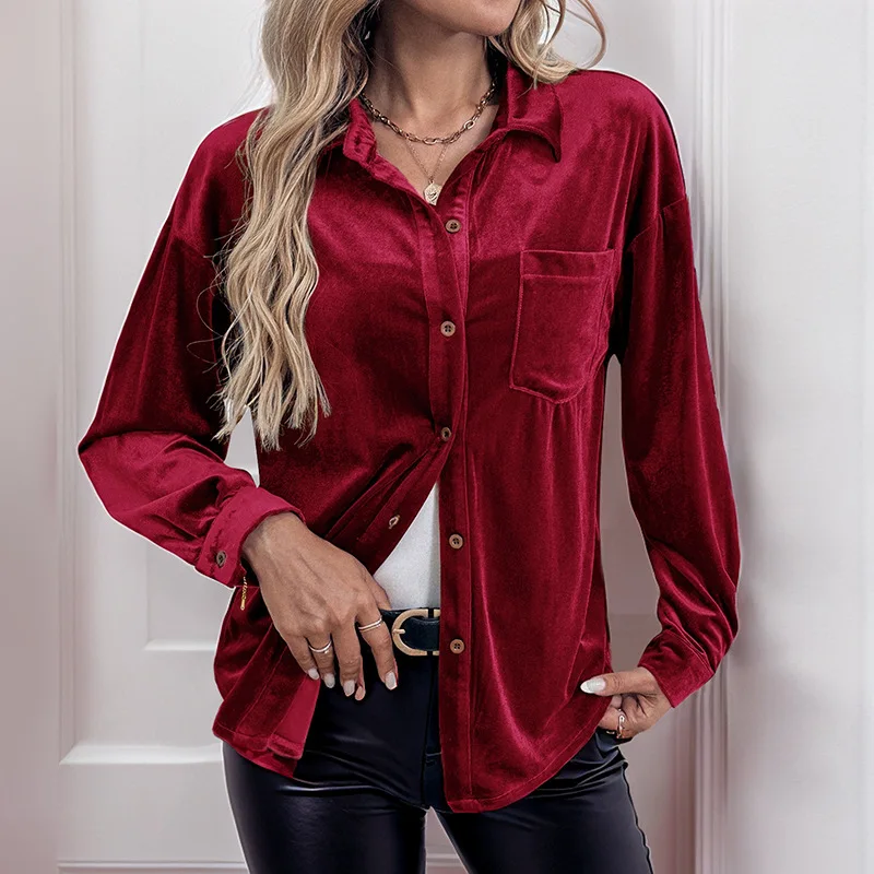 Popular Autumn European and American Tops Simple Style Versatile Solid Color Lapel Lantern Sleeve Shirt