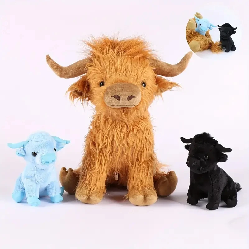 11.8in Mommy Stuffed Highland Cow with 2 Baby Highland Cow Stuffed Animals Inside Zipper Tummy  for Kid Christmas Halloween