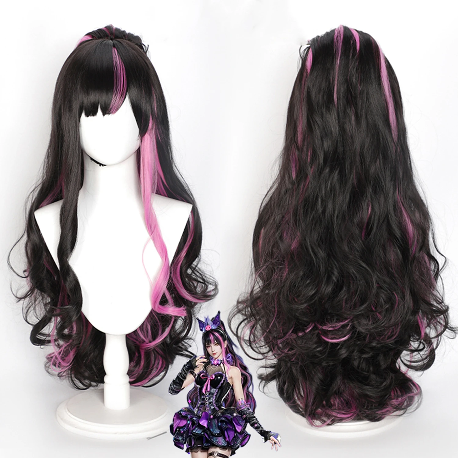 

Naraka Bladepoint Yu Linglong Kuromi Cos Wig Black Pink Highlight Long Curly Ponytail Synthetic Heat Resistant Hair For Hallowee