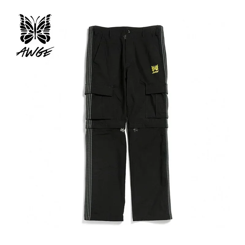 Black Needles Work Pants High Quality 1:1 Mens Womens Knitted Striped Smooth Fabric Butterfly Logo Sports AWGE Trousers