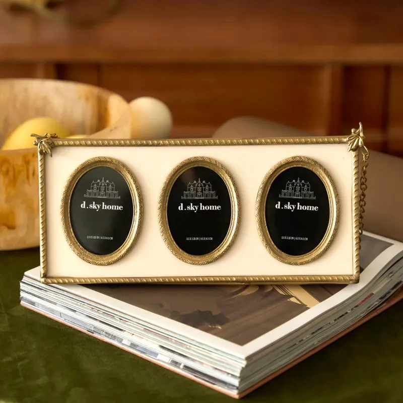 Indian handmade brass creative photo frame to set the table, European retro three-hole photo frame photo frame