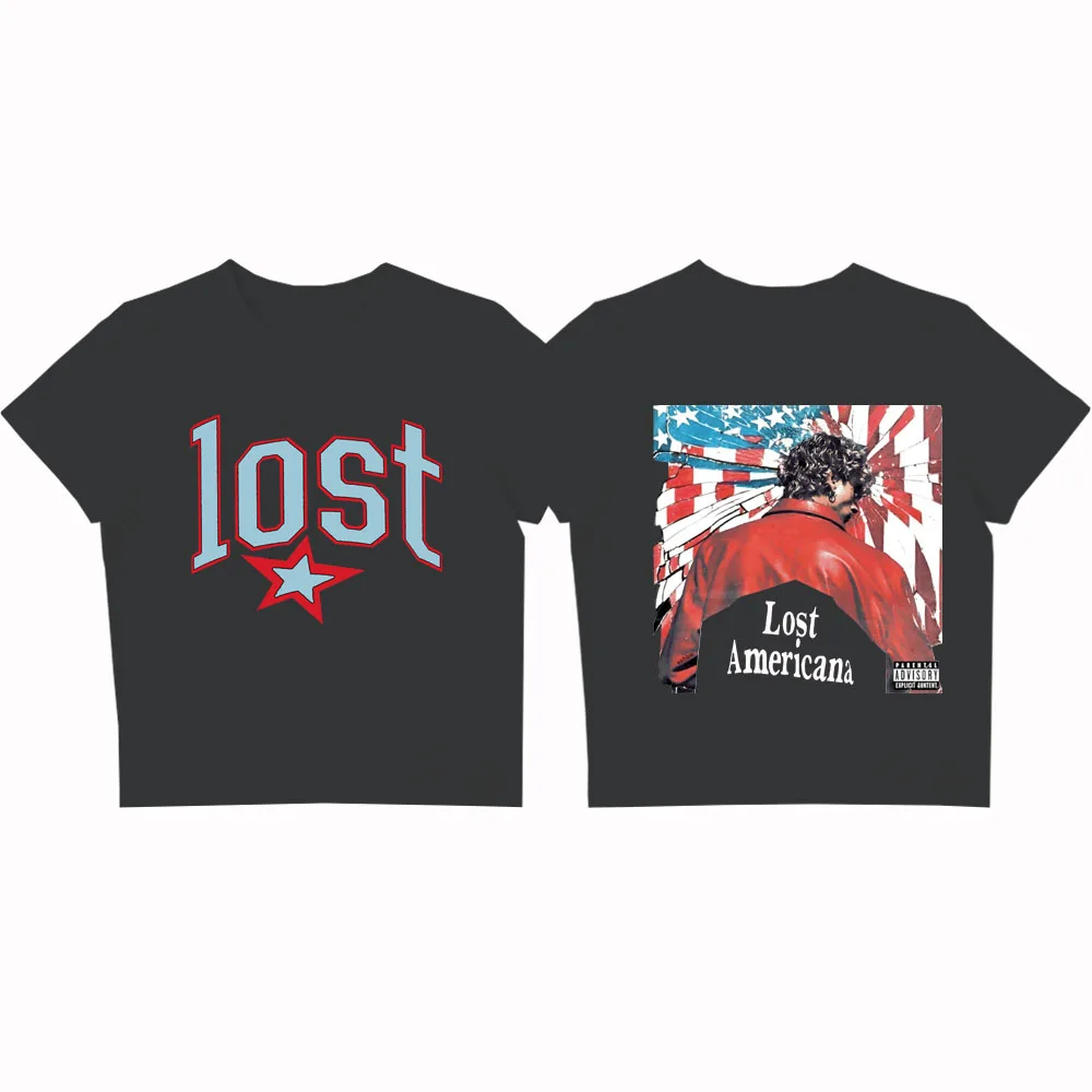 MGK Lost Americana Machine Gun Kelly المحاصيل القمم تي شيرت الفتيات أزياء المرأة س الرقبة قصيرة الأكمام Swiftie هدية