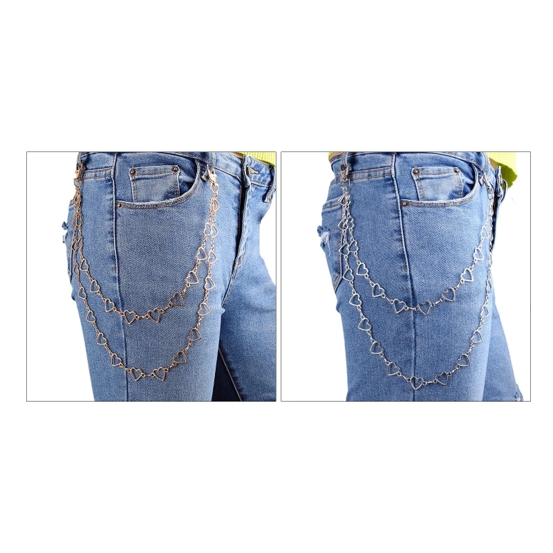 Heart Shape Dangle Pant Chain Women Double Layer Street Metal Trousers for Key Chain Punk Hip-hop Waist Chains Belt for