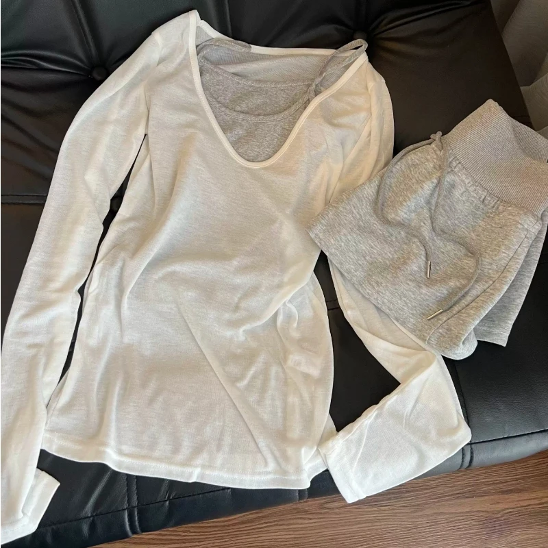Korean Women Autumn 3Pcs Home Loungewear Contrast Color Mock Layer Design V Neck Long Sleeve Casual Ladies Sleepwear Outfit