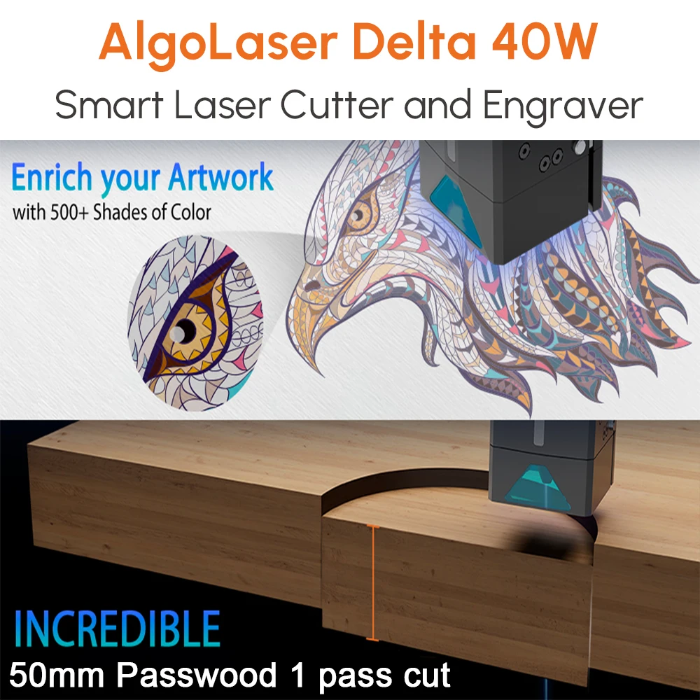 AlgoLaser-Gravador e Cortador a Laser de Metal, Controle Off-line Inteligente, Carpintaria Colorida, Máquina de Corte a Laser de Madeira, 40W, 50mm