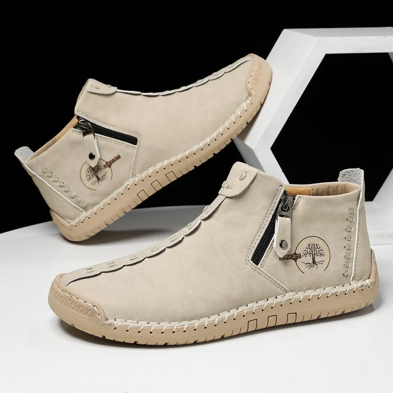 

Men's Boots for Spring and Autumn, Large Size Zipper Men's Boots, Outdoor Handmade Sewn Work Boots