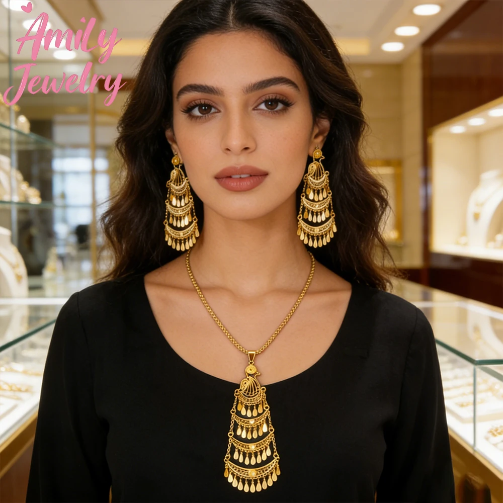 

Роскошные серьги, ювелирные украшения Ближнего Востока, комплект ювелирных изделий с подвесками, золотистого цвета, дубайские украшения, ожерелье, африканская мода, подарок для женщин на вечеринку