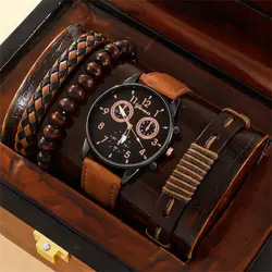 New Men Watch Luxury Bracelet Set Fashion Business Brown Leather Quartz Wrist Watches for Men Gift Set Relogio Masculino