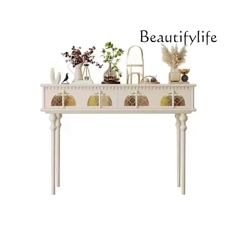 

French retro solid wood porch cabinet living room entry black fashion corridor long table light luxury glass