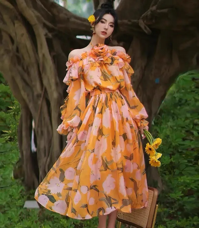 

Chic Flounce Printing Halter Loose Dresses Spring Women Long Sleeves Off Shoulder Long Dress Summer High Waist Casual Mid Dress