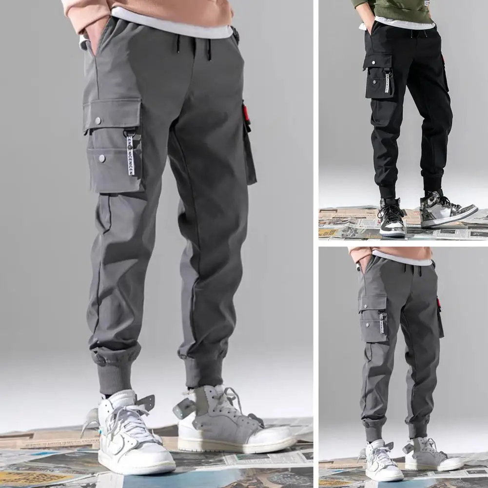 

Sports Pants Drawstring Anti-pilling Multi Pockets Solid Color Casual Cargo Pants Breathable Fitness Pants Streetwear