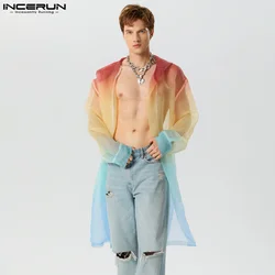 Handsome Well Fitting Tops INCERUN New Men's Gradient Mesh Hooded Cardigan Trench Casual Sexy Male Hot Selling Trench S-5XL 2023