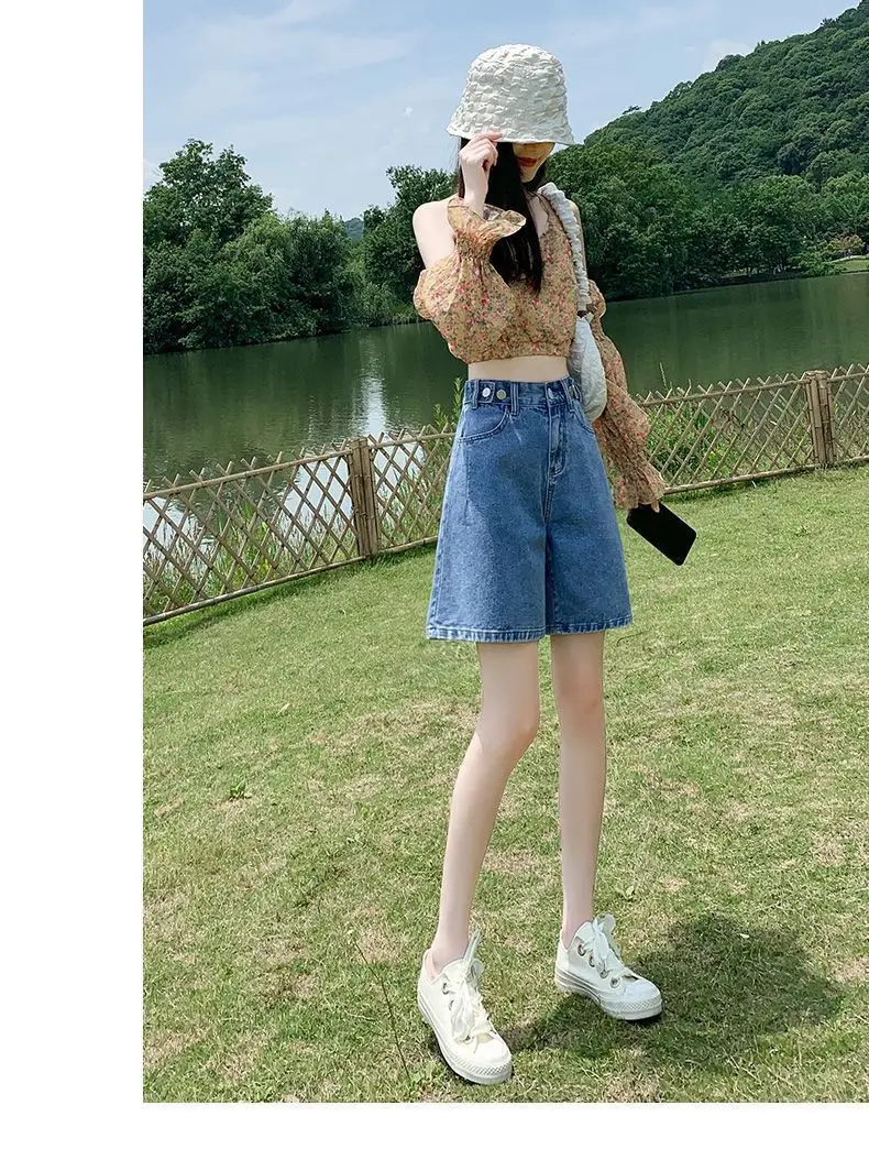 Five Point Denim Shorts for Women's Summer Slim 2024 High Waisted Slimming Loose Versatile Wide Leg Shorts Sweet and Cool Style