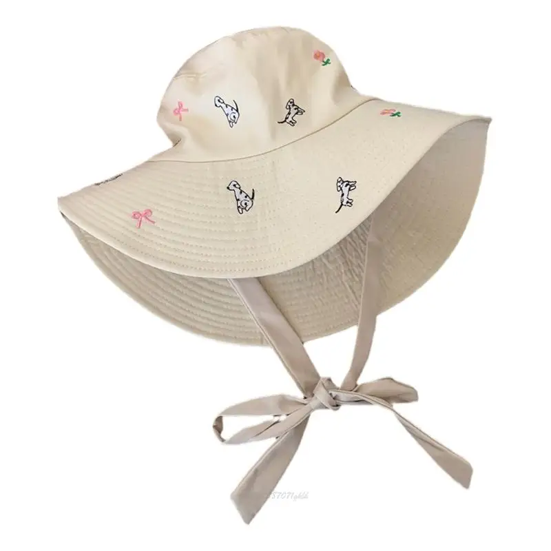 x5xa-casual-wear-fisherman-hat-embroidered-puppy-bucket-hat-for-girls-funny-fashion-hat-bucket-hat-stylish-bowknot