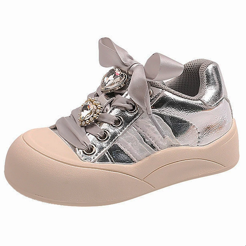 

Brand Kids Girls Fashion Sneakers,Silver Pink Lace-up Toddler Autumn Casual Shoes With Rhinestones,Little Princess Walkers Shoes