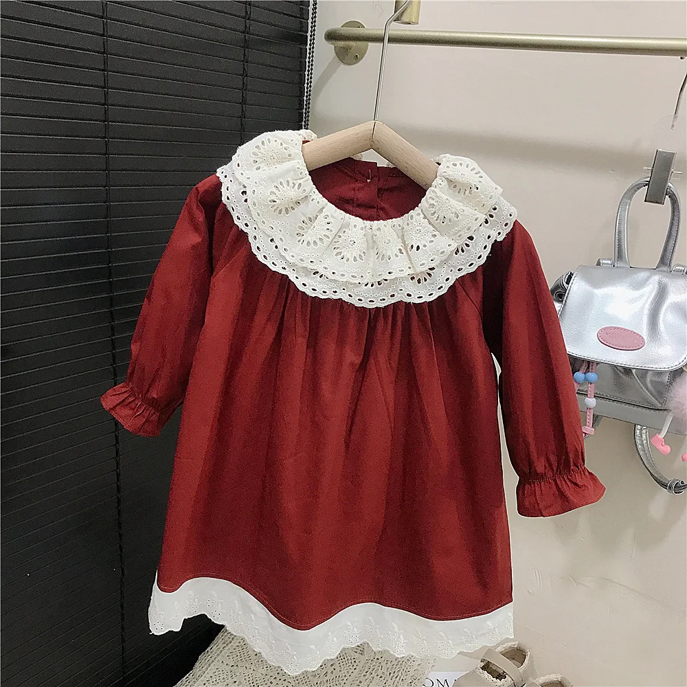 

Doll Collar Dress Spring and Autumn New Girls Long Sleeve Lace Collar Spring Princess Dress