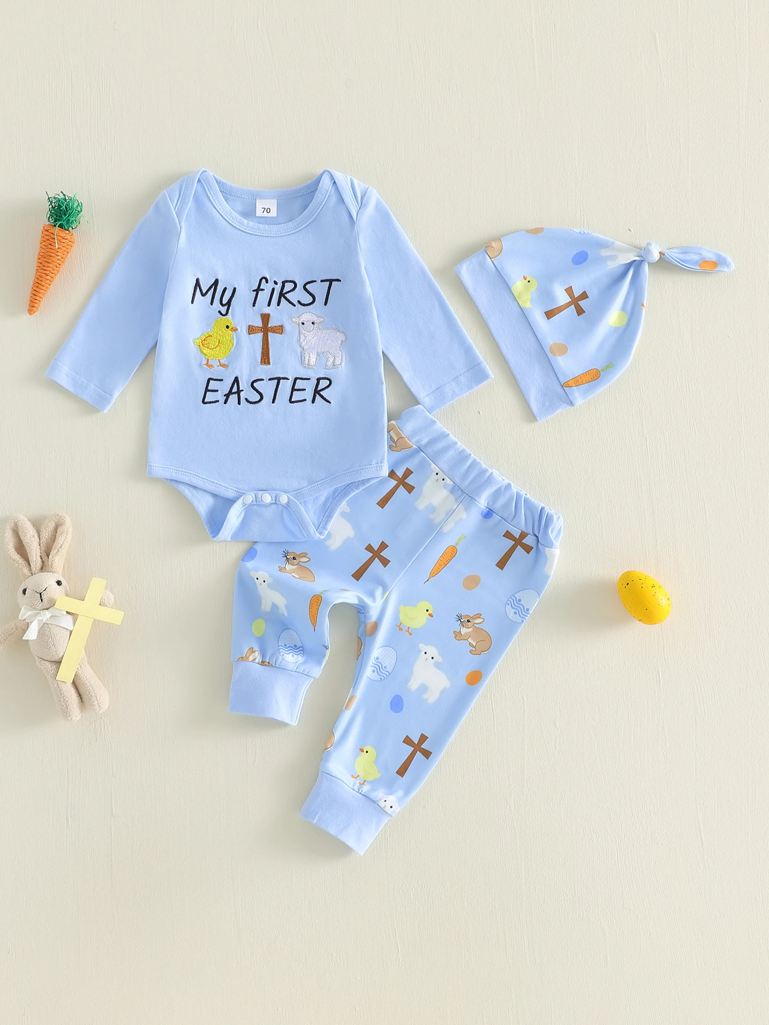 

Adorable Baby Boys Easter Outfits with Cute Bunny Embroidery Long Sleeve Rompers Long Pants Hat 3Pcs Clothes Set for Spring
