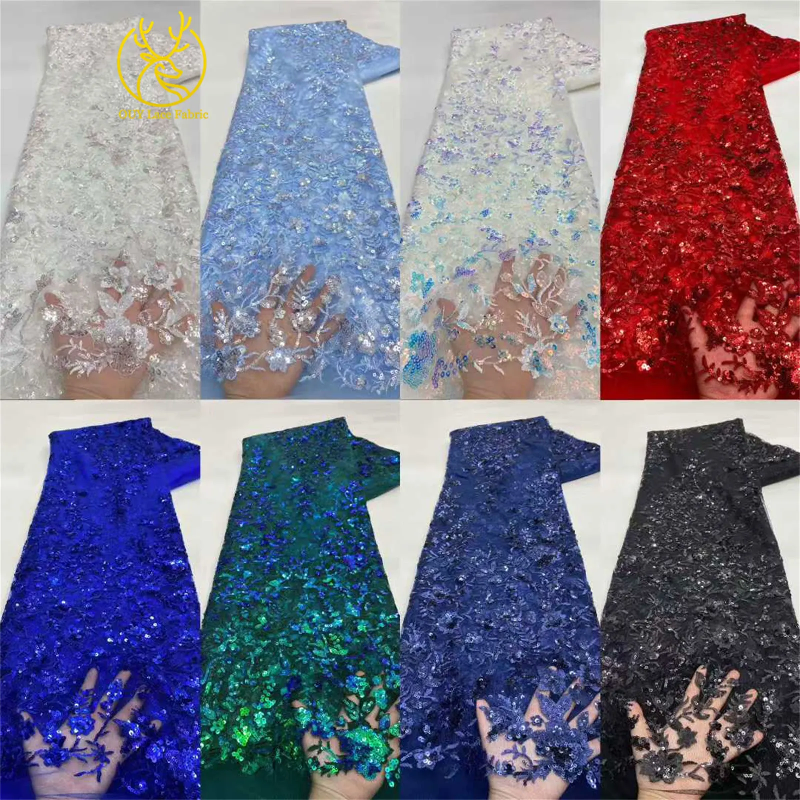 Tela de encaje Floral bordado con lentejuelas exquisito azul real 2026 tela de encaje de tul nigeriano para vestidos de fiesta Material de costura