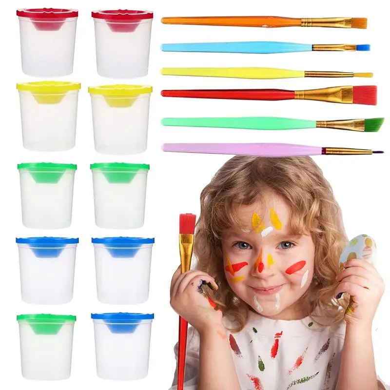 Spill Proof Paint Cups And Brushes Multipurpose Spill Proof Paint Cups Kids Paint Brushes Portable Paint Cups For Art Class Home