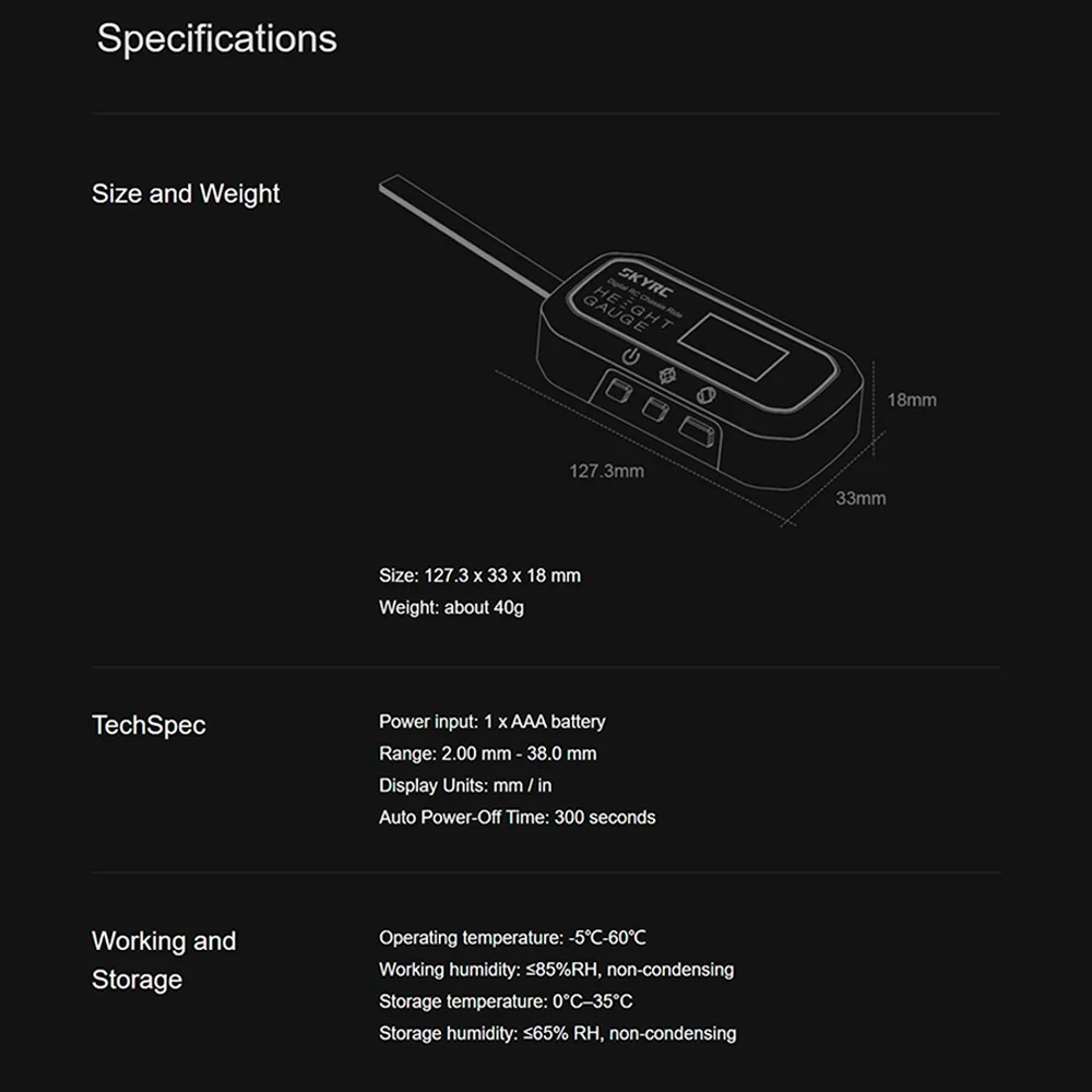 SkyRC RC Ride Height Gauge Digital 0.1mm Precision 2–38mm Range for 1/24–1/8 Cars