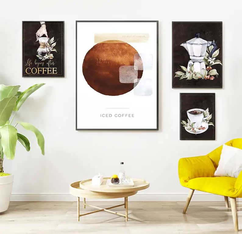 Ice Coffee Loves Kitchen Soft Canvas Painting Nordic Wall Newspapers and Printing Wall Images of Coffee Bar Decoration