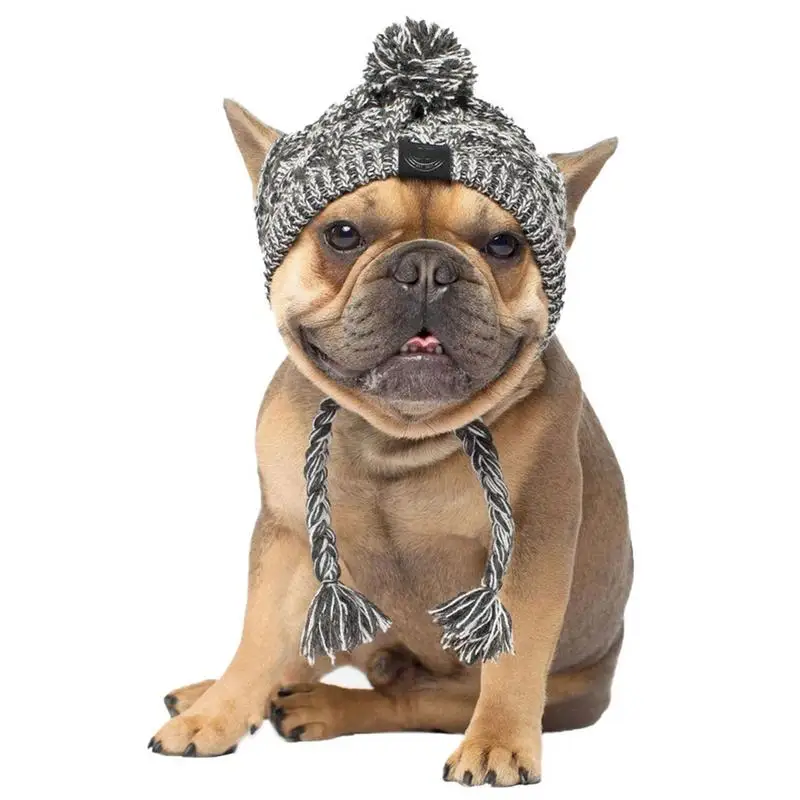 Winter Warm Dog Hats Windproof Knitting French Bulldog Hat For Dogs Chihuahua Hat Fluffy Ball Puppy Accessories Pet Hats